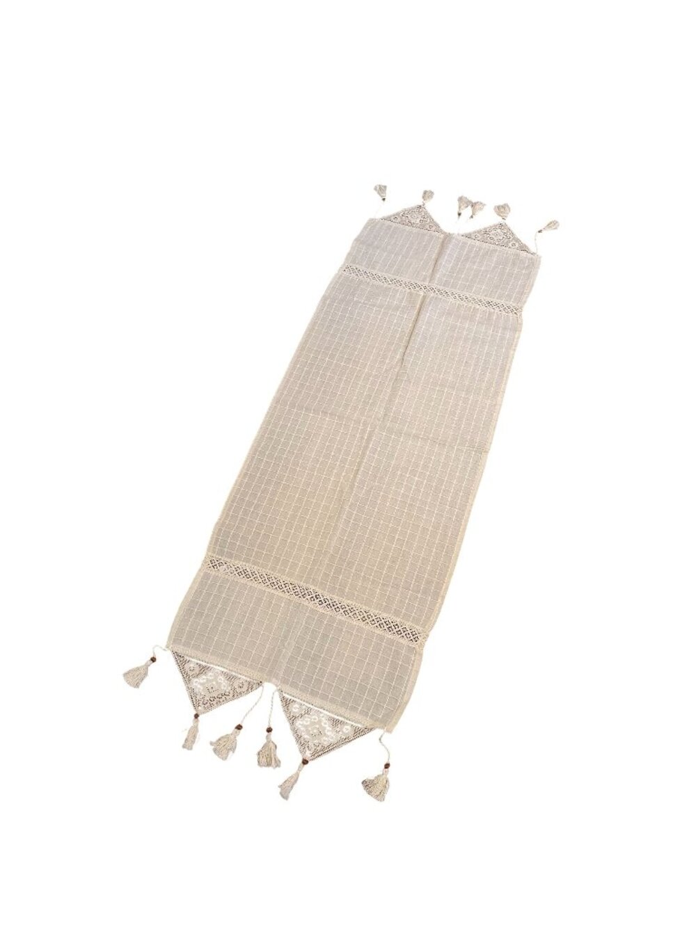 Vtg Ivory Table Runner Lace Details & Tassels 5o Inch Minimalist Decor